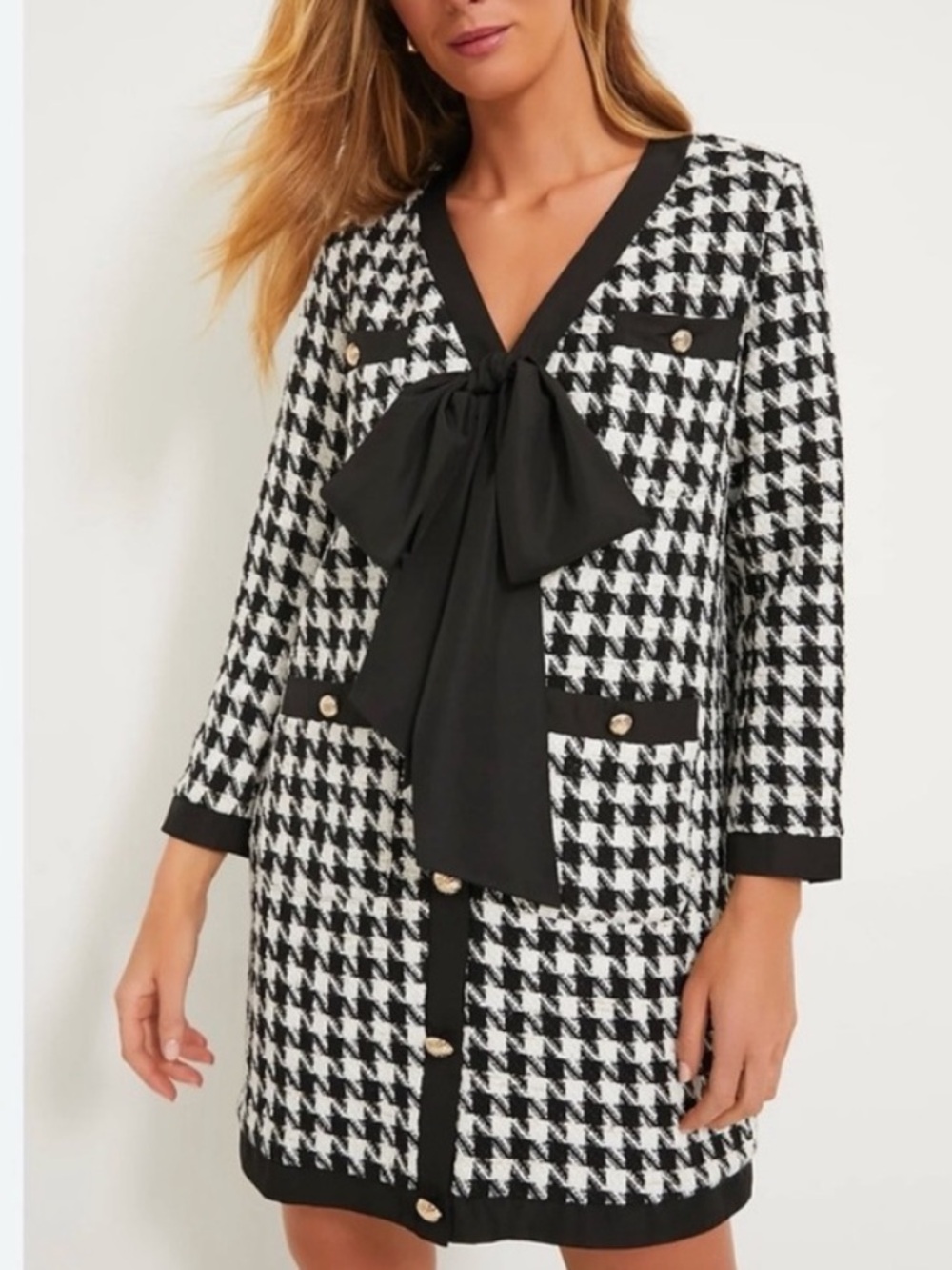 Tuckernuck Pomander Place Coco Houndstooth Bow-Front Tweed Dress Small